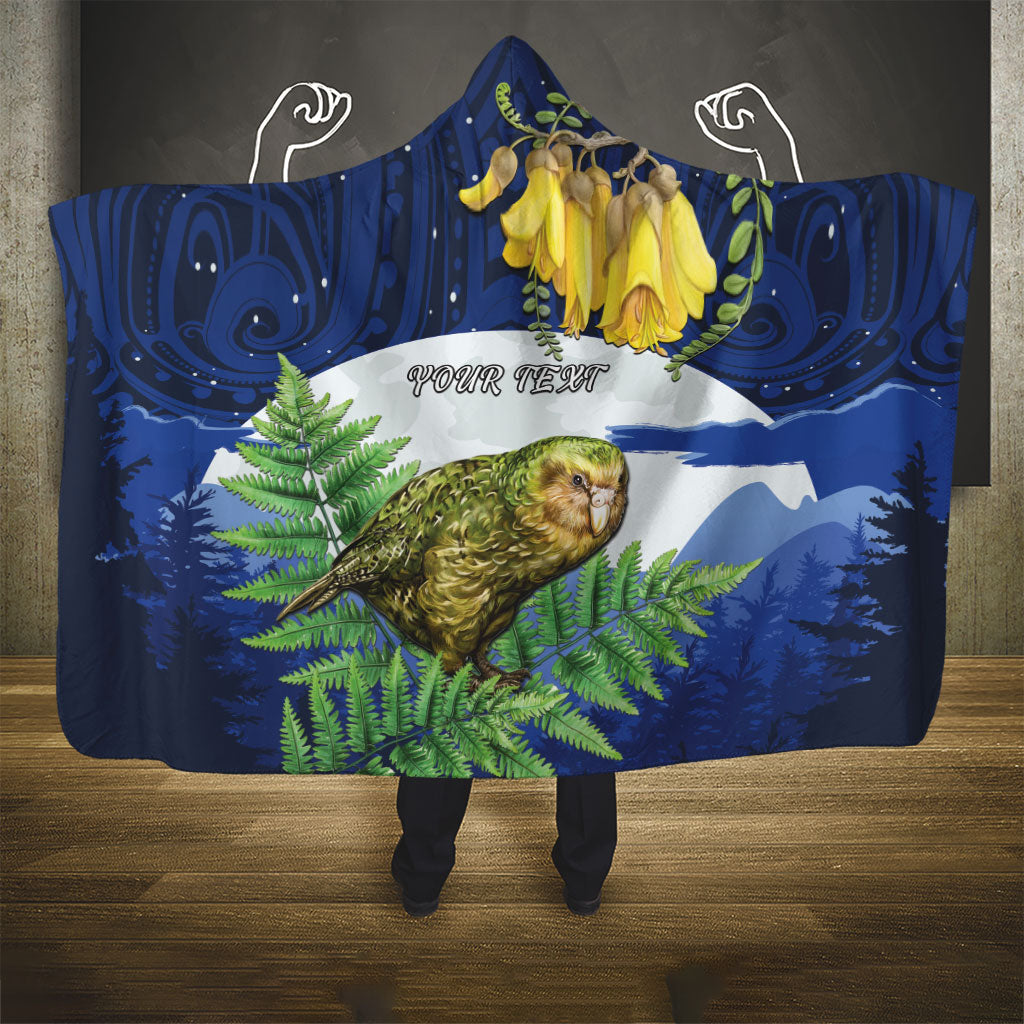 Kakapo New Zealand Personalised Hooded Blanket Kowhai Flower Silver Fern Maori Pattern