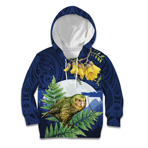 Kakapo New Zealand Personalised Kid Hoodie Kowhai Flower Silver Fern Maori Pattern