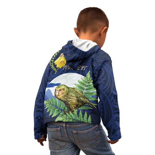 Kakapo New Zealand Personalised Kid Hoodie Kowhai Flower Silver Fern Maori Pattern