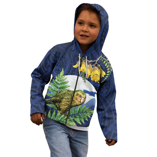 Kakapo New Zealand Personalised Kid Hoodie Kowhai Flower Silver Fern Maori Pattern