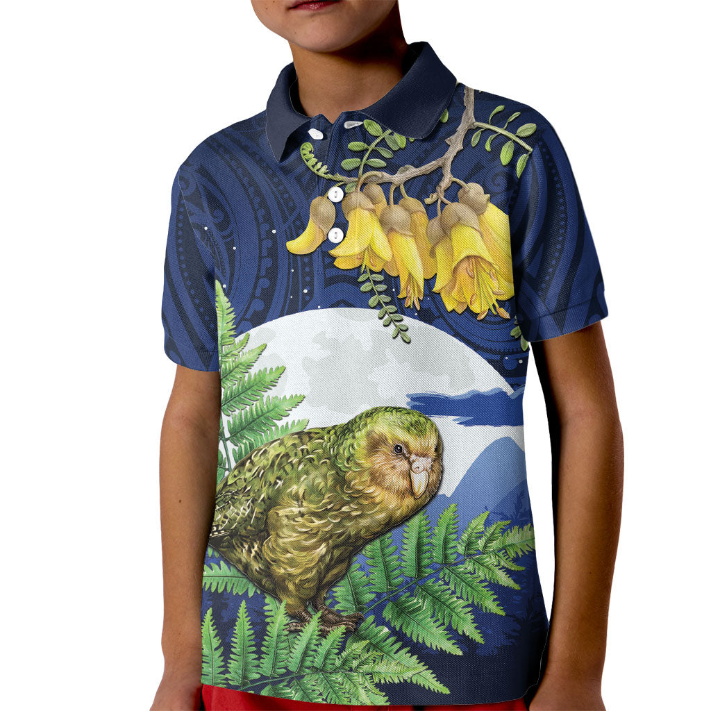 Kakapo New Zealand Personalised Kid Polo Shirt Kowhai Flower Silver Fern Maori Pattern