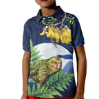 Kakapo New Zealand Personalised Kid Polo Shirt Kowhai Flower Silver Fern Maori Pattern