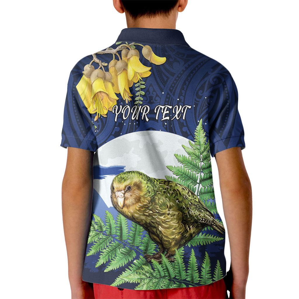 Kakapo New Zealand Personalised Kid Polo Shirt Kowhai Flower Silver Fern Maori Pattern