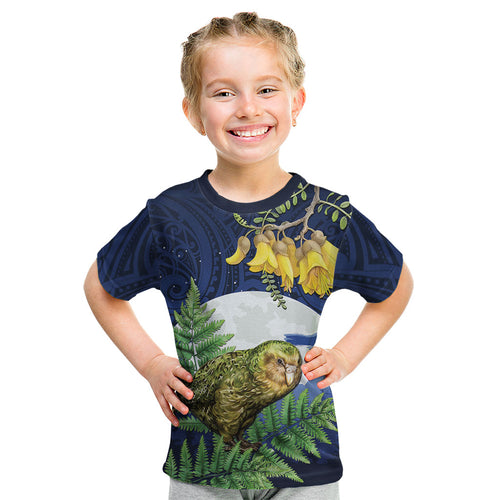 Kakapo New Zealand Personalised Kid T Shirt Kowhai Flower Silver Fern Maori Pattern