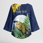 Kakapo New Zealand Personalised Kimono Sleeve Blouse Kowhai Flower Silver Fern Maori Pattern