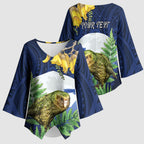 Kakapo New Zealand Personalised Kimono Sleeve Blouse Kowhai Flower Silver Fern Maori Pattern