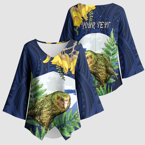 Kakapo New Zealand Personalised Kimono Sleeve Blouse Kowhai Flower Silver Fern Maori Pattern