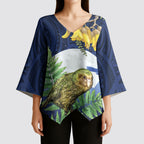 Kakapo New Zealand Personalised Kimono Sleeve Blouse Kowhai Flower Silver Fern Maori Pattern