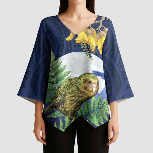 Kakapo New Zealand Personalised Kimono Sleeve Blouse Kowhai Flower Silver Fern Maori Pattern