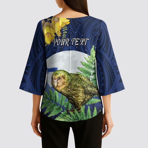 Kakapo New Zealand Personalised Kimono Sleeve Blouse Kowhai Flower Silver Fern Maori Pattern