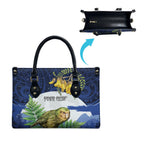 Kakapo New Zealand Personalised Leather Bag Kowhai Flower Silver Fern Maori Pattern