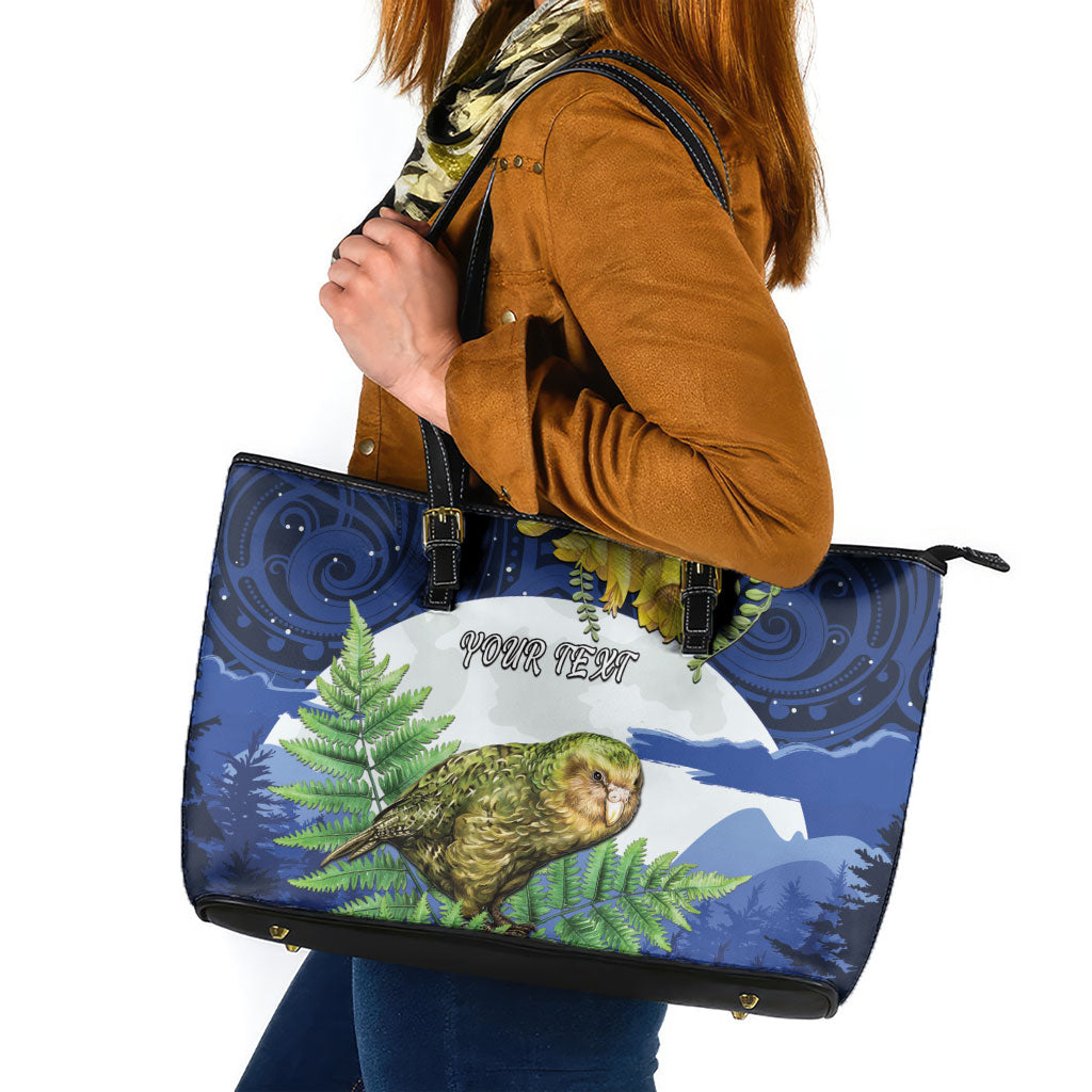 Kakapo New Zealand Personalised Leather Tote Bag Kowhai Flower Silver Fern Maori Pattern