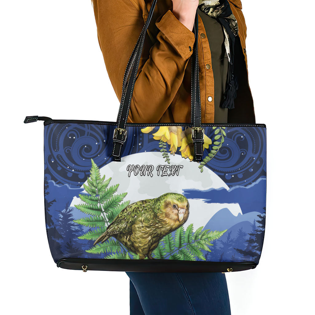 Kakapo New Zealand Personalised Leather Tote Bag Kowhai Flower Silver Fern Maori Pattern