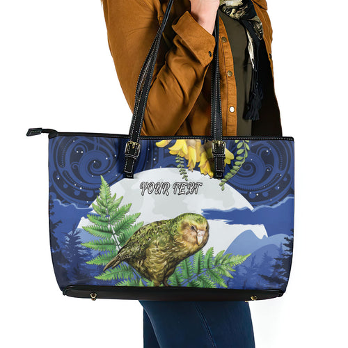 Kakapo New Zealand Personalised Leather Tote Bag Kowhai Flower Silver Fern Maori Pattern