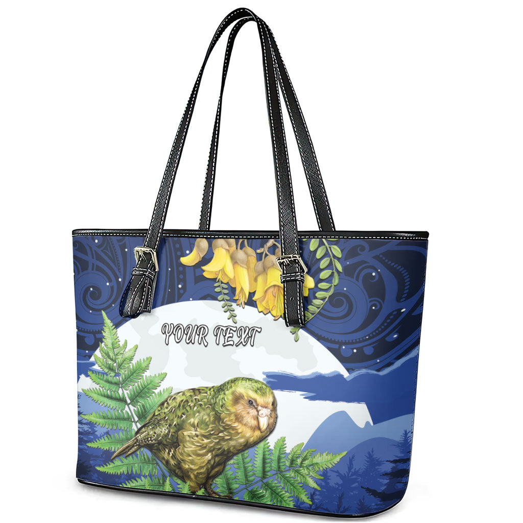 Kakapo New Zealand Personalised Leather Tote Bag Kowhai Flower Silver Fern Maori Pattern