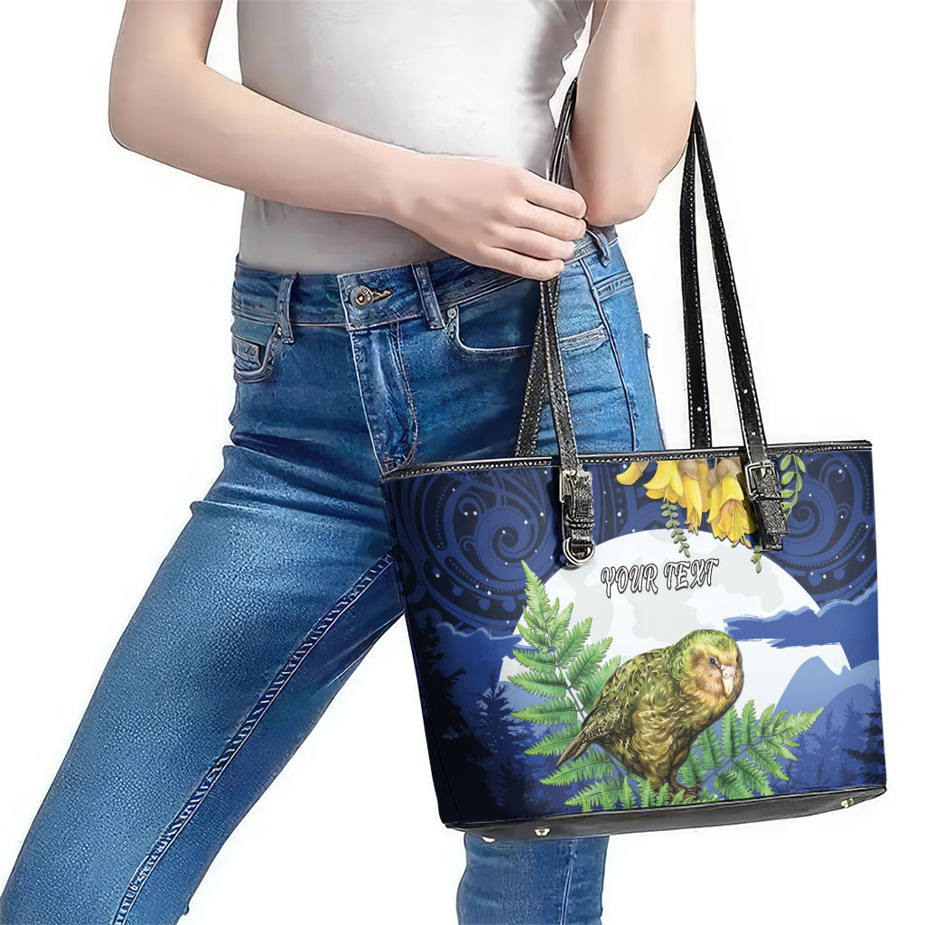 Kakapo New Zealand Personalised Leather Tote Bag Kowhai Flower Silver Fern Maori Pattern