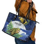 Kakapo New Zealand Personalised Leather Tote Bag Kowhai Flower Silver Fern Maori Pattern