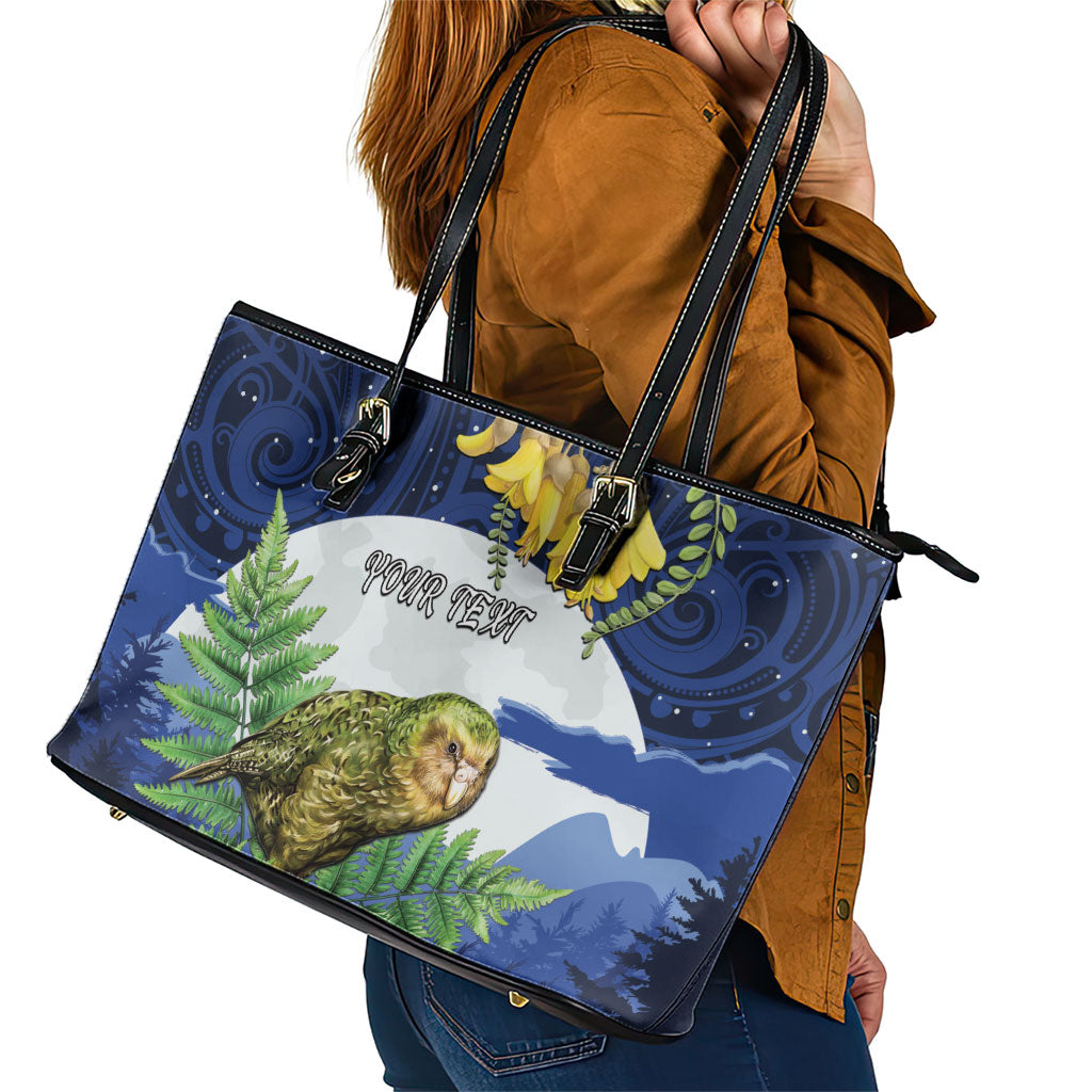 Kakapo New Zealand Personalised Leather Tote Bag Kowhai Flower Silver Fern Maori Pattern