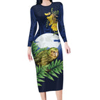 Kakapo New Zealand Personalised Long Sleeve Bodycon Dress Kowhai Flower Silver Fern Maori Pattern