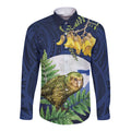 Kakapo New Zealand Personalised Long Sleeve Button Shirt Kowhai Flower Silver Fern Maori Pattern
