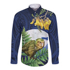 Kakapo New Zealand Personalised Long Sleeve Button Shirt Kowhai Flower Silver Fern Maori Pattern