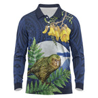 Kakapo New Zealand Personalised Long Sleeve Polo Shirt Kowhai Flower Silver Fern Maori Pattern