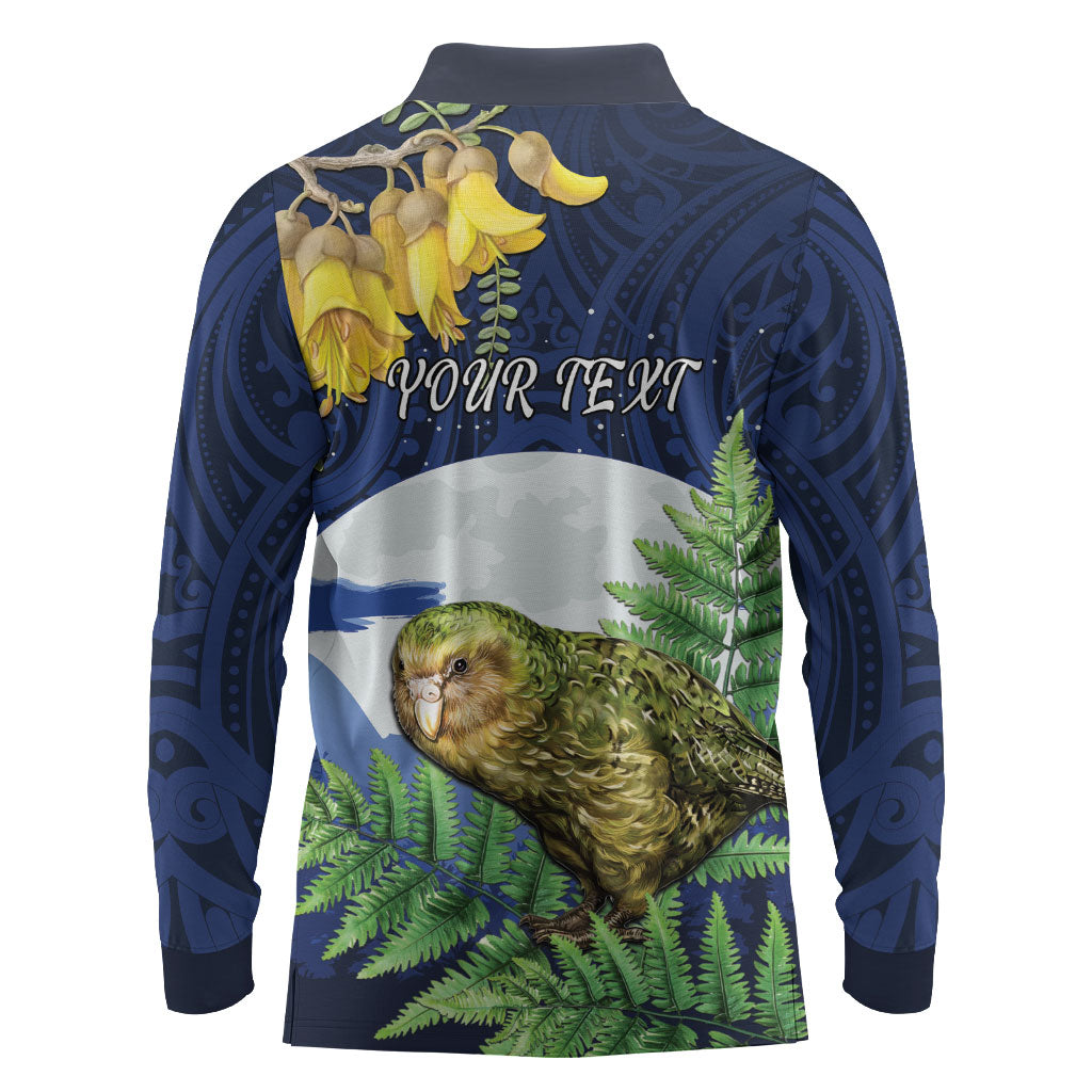 Kakapo New Zealand Personalised Long Sleeve Polo Shirt Kowhai Flower Silver Fern Maori Pattern