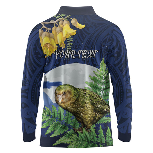 Kakapo New Zealand Personalised Long Sleeve Polo Shirt Kowhai Flower Silver Fern Maori Pattern