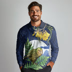 Kakapo New Zealand Personalised Long Sleeve Polo Shirt Kowhai Flower Silver Fern Maori Pattern
