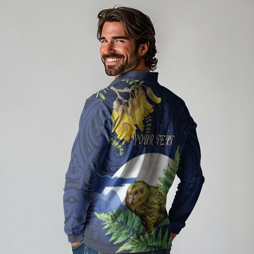 Kakapo New Zealand Personalised Long Sleeve Polo Shirt Kowhai Flower Silver Fern Maori Pattern