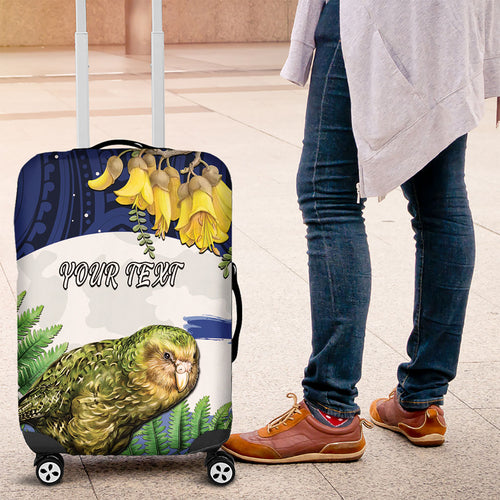 Kakapo New Zealand Personalised Luggage Cover Kowhai Flower Silver Fern Maori Pattern