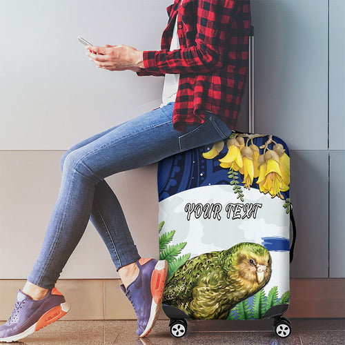 Kakapo New Zealand Personalised Luggage Cover Kowhai Flower Silver Fern Maori Pattern