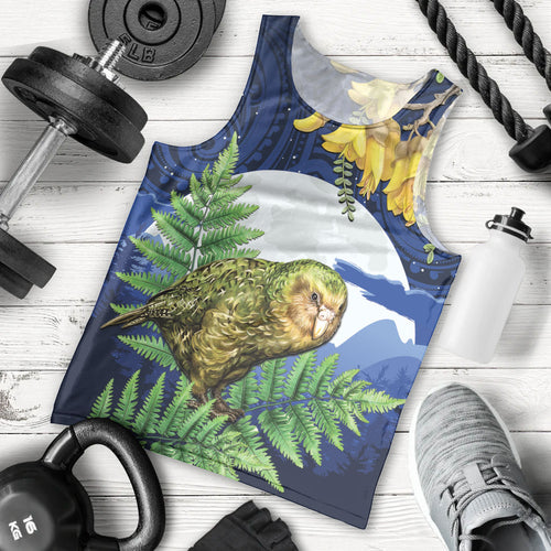 Kakapo New Zealand Personalised Men Tank Top Kowhai Flower Silver Fern Maori Pattern