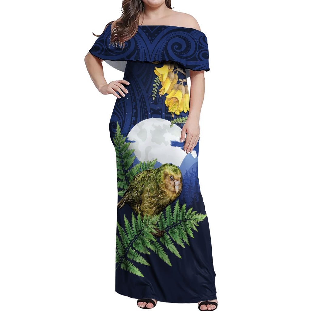 Kakapo New Zealand Personalised Off Shoulder Maxi Dress Kowhai Flower Silver Fern Maori Pattern
