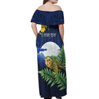 Kakapo New Zealand Personalised Off Shoulder Maxi Dress Kowhai Flower Silver Fern Maori Pattern