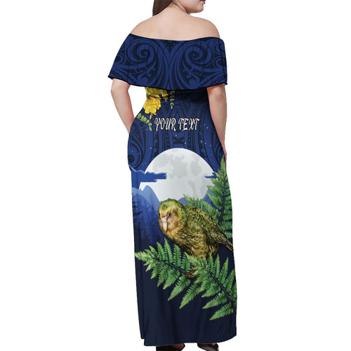 Kakapo New Zealand Personalised Off Shoulder Maxi Dress Kowhai Flower Silver Fern Maori Pattern