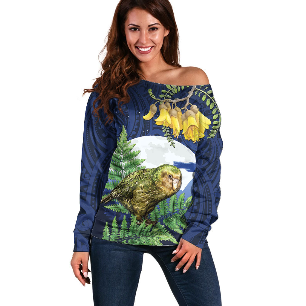 Kakapo New Zealand Personalised Off Shoulder Sweater Kowhai Flower Silver Fern Maori Pattern