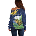 Kakapo New Zealand Personalised Off Shoulder Sweater Kowhai Flower Silver Fern Maori Pattern