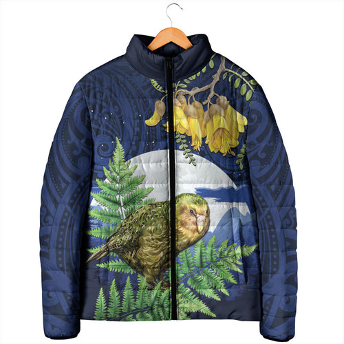 Kakapo New Zealand Personalised Padded Jacket Kowhai Flower Silver Fern Maori Pattern