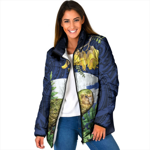 Kakapo New Zealand Personalised Padded Jacket Kowhai Flower Silver Fern Maori Pattern