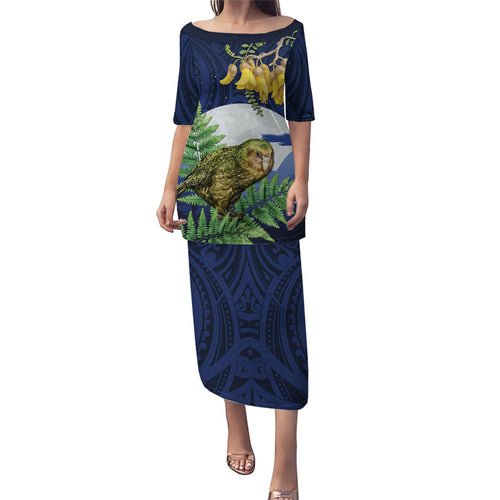 Kakapo New Zealand Personalised Puletasi Kowhai Flower Silver Fern Maori Pattern