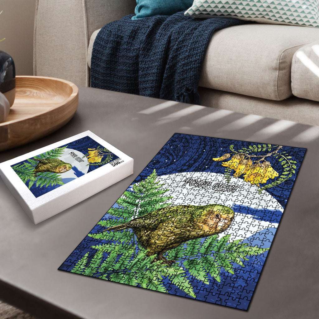 Kakapo New Zealand Personalised Puzzle Kowhai Flower Silver Fern Maori Pattern