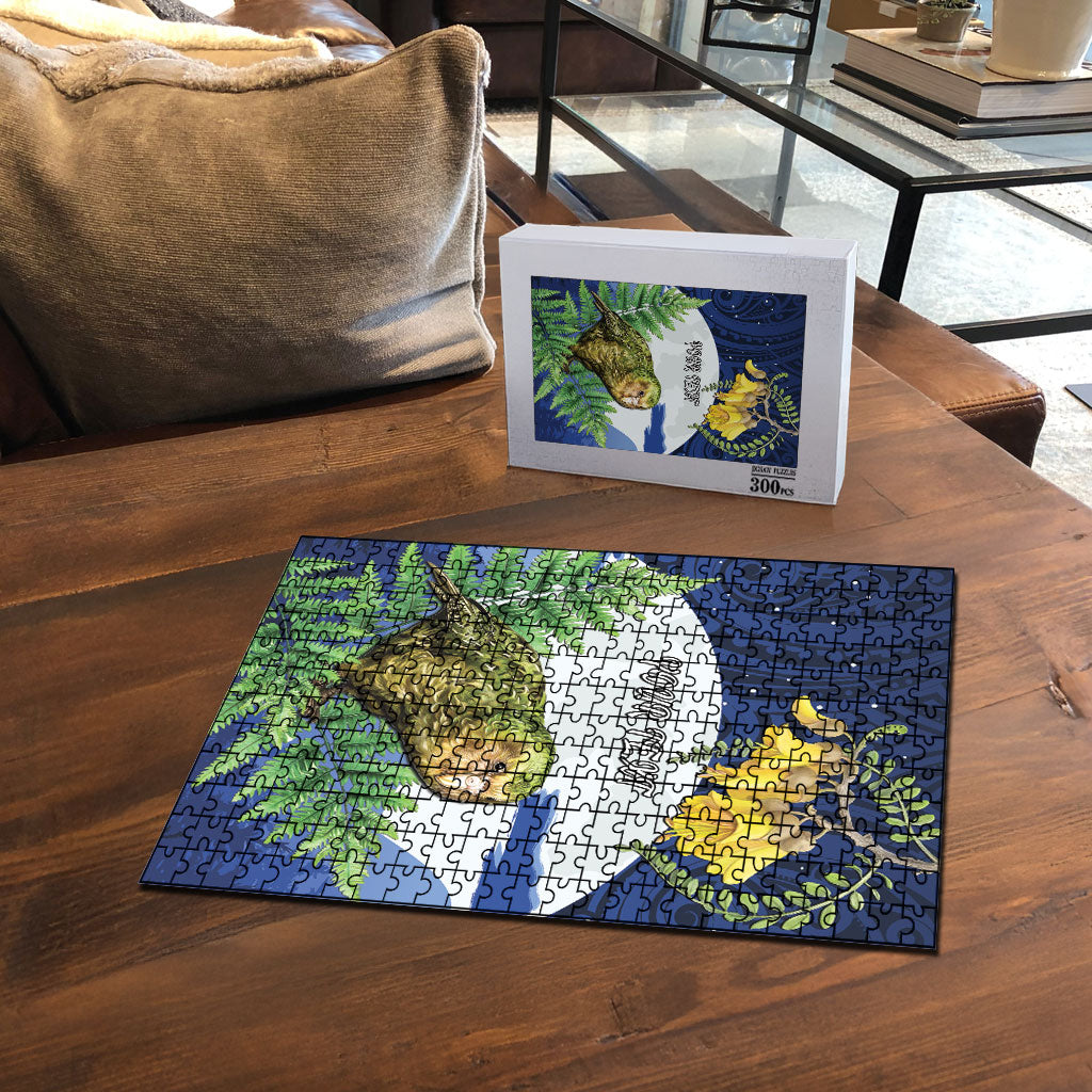 Kakapo New Zealand Personalised Puzzle Kowhai Flower Silver Fern Maori Pattern