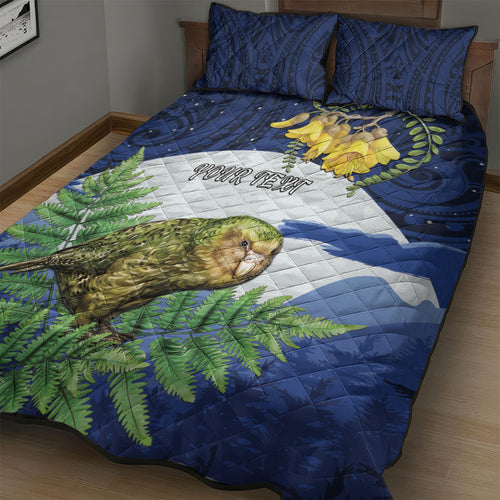 Kakapo New Zealand Personalised Quilt Bed Set Kowhai Flower Silver Fern Maori Pattern