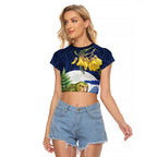Kakapo New Zealand Personalised Raglan Cropped T Shirt Kowhai Flower Silver Fern Maori Pattern