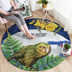 Kakapo New Zealand Personalised Round Carpet Kowhai Flower Silver Fern Maori Pattern