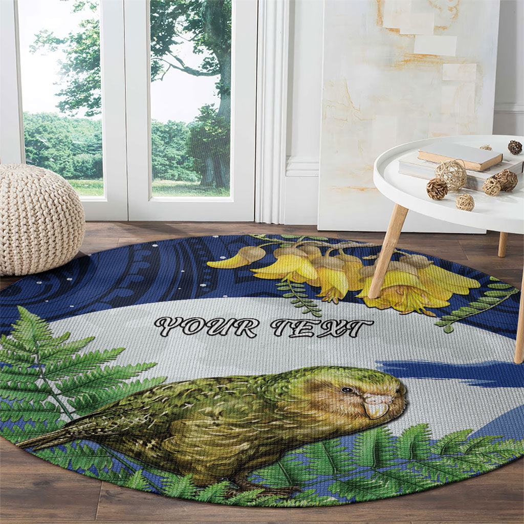Kakapo New Zealand Personalised Round Carpet Kowhai Flower Silver Fern Maori Pattern