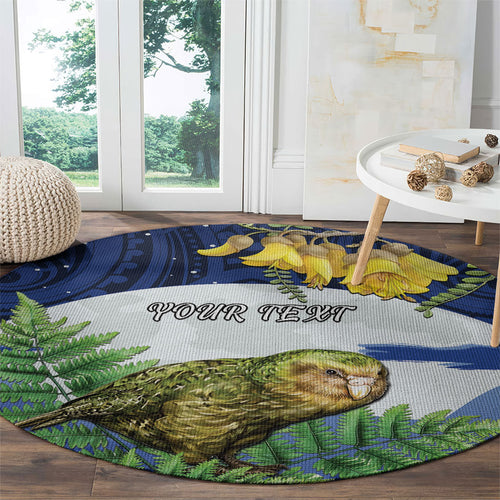 Kakapo New Zealand Personalised Round Carpet Kowhai Flower Silver Fern Maori Pattern