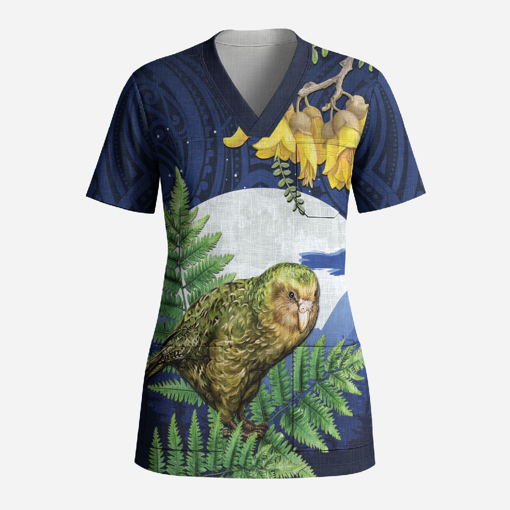 Kakapo New Zealand Personalised Scrub Top Kowhai Flower Silver Fern Maori Pattern