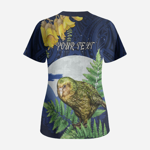 Kakapo New Zealand Personalised Scrub Top Kowhai Flower Silver Fern Maori Pattern